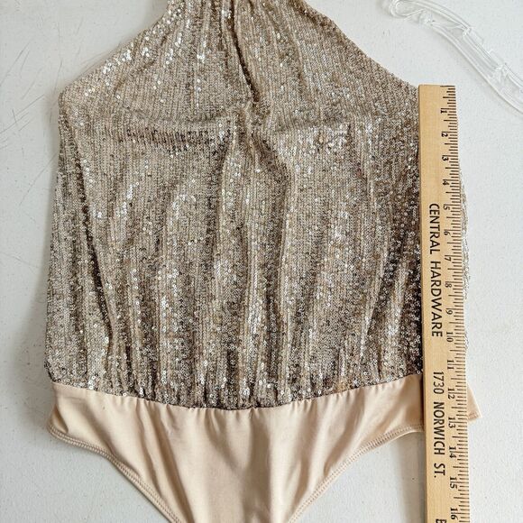 Rachel Zoe Allover Sequin Halter Bodysuit Size L Gold Beige Silver Party Glam - Picture 8 of 11